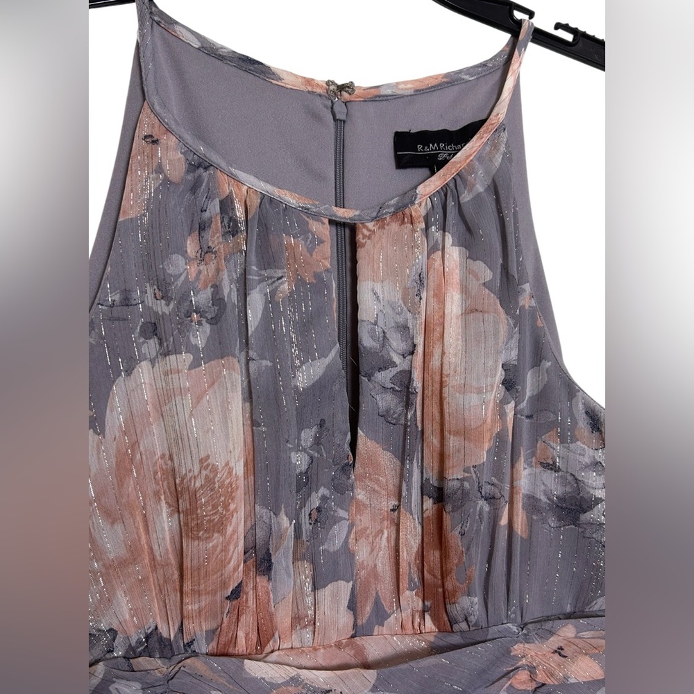 R&M Richards Women’s Floral Halter Maxi Dress Gray & Mauve Size 4P - Picture 6 of 12